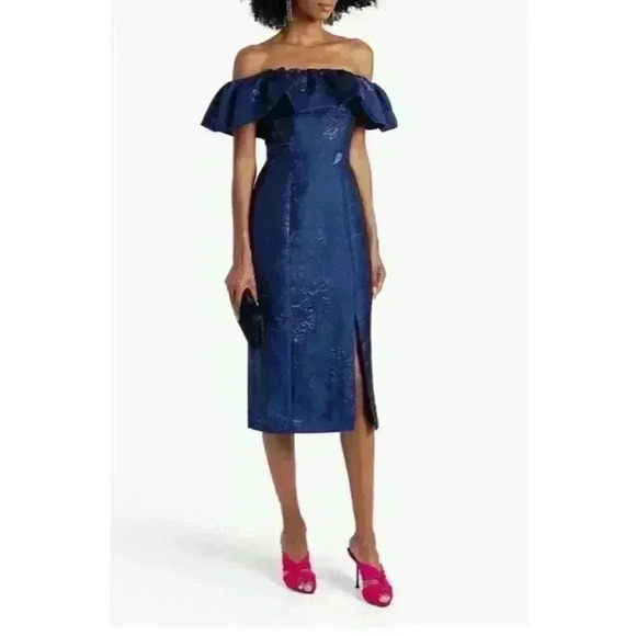 New Monique Lhuillier Cocktail Dress Off-The-Shoulder Bow Metallic Floral Size 8 - Picture 3 of 13